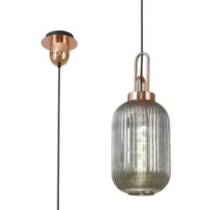 Image of Luminosa 1 Light Pendant E27 With 20cm Tubular Ribbed Glass, Smoked Copper, Matt Black