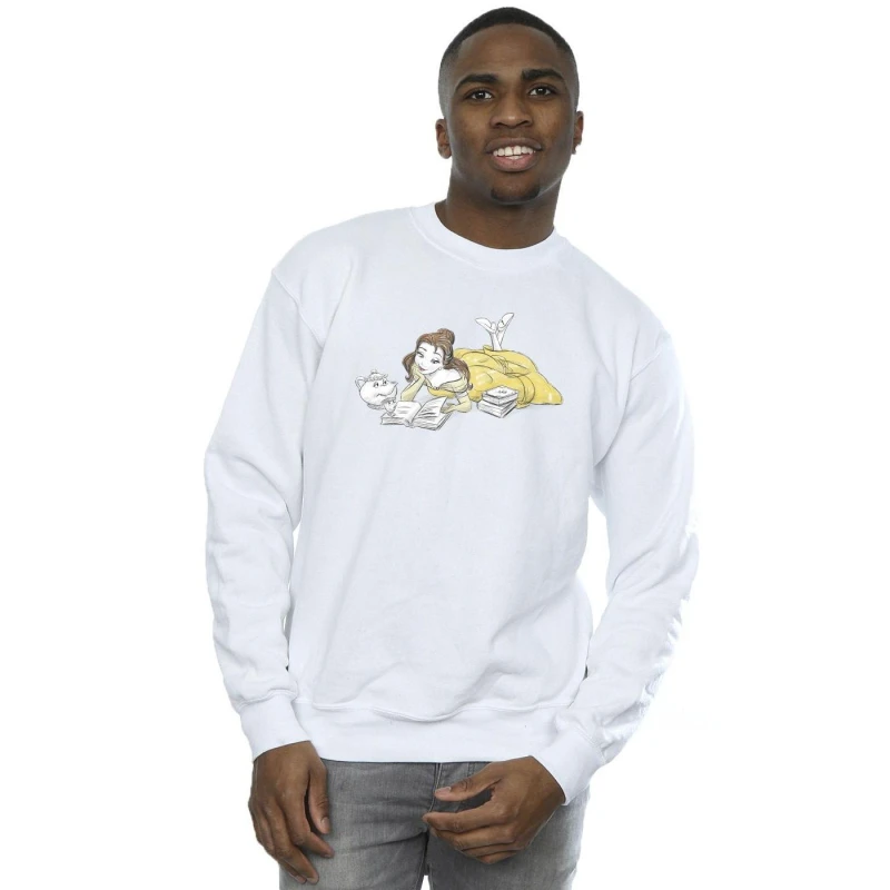 Image of Disney Men Beauty And The Beast Belle Reading Sweatshirt in White Size: Small White S Male 5063153494381