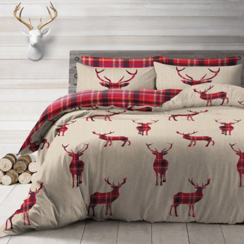 Image of Velosso Rustic Bedding Set With Duvet Cover And Pillowcase, Country Chic Tartan Plaid And Stag Print - Button Enclosure - Natural