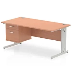 Image of Dynamic Rectangular Office Desk Beech MFC Cable Managed Cantilever Leg Silver Frame Impulse 1 x 2 Drawer Fixed Ped 1600 x 800 x 730mm