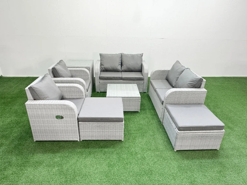 Image of Fimous 8 Seater Outdoor Reclining Chair Love Sofa Set Rattan Garden Furniture Set with Square Coffee Table 2 Big FootStools Side Table Light Grey Lig
