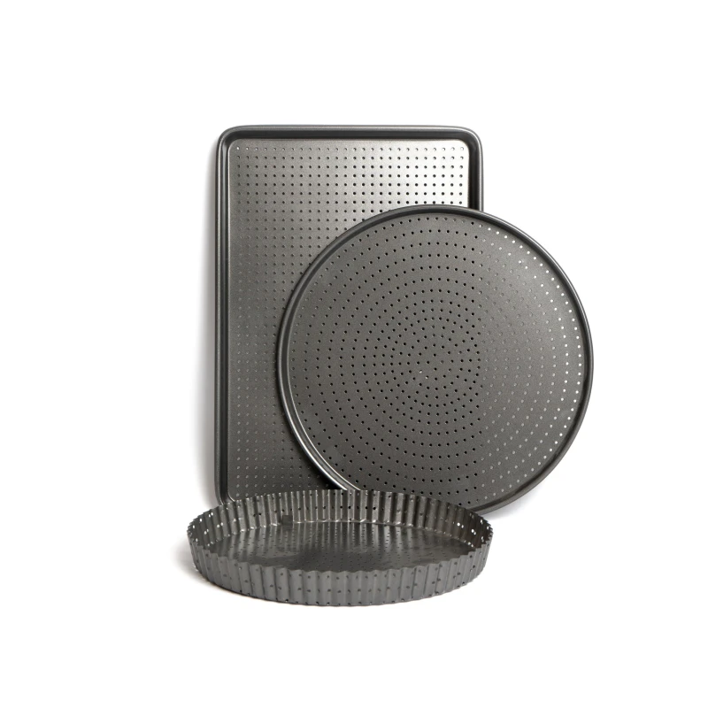 Image of Masterclass 3pc Crusty Bake Non-Stick Bakeware Set with 30cm Flan/Quiche Tin, 32cm Pizza Tray and 39cm Baking Tray Grey