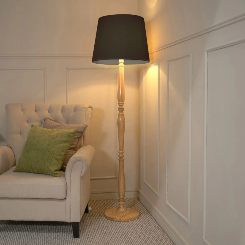 Image of ValueLights Victoria Light Wood Traditional Stem Floor Lamp with Fabric Tapered Shade Black