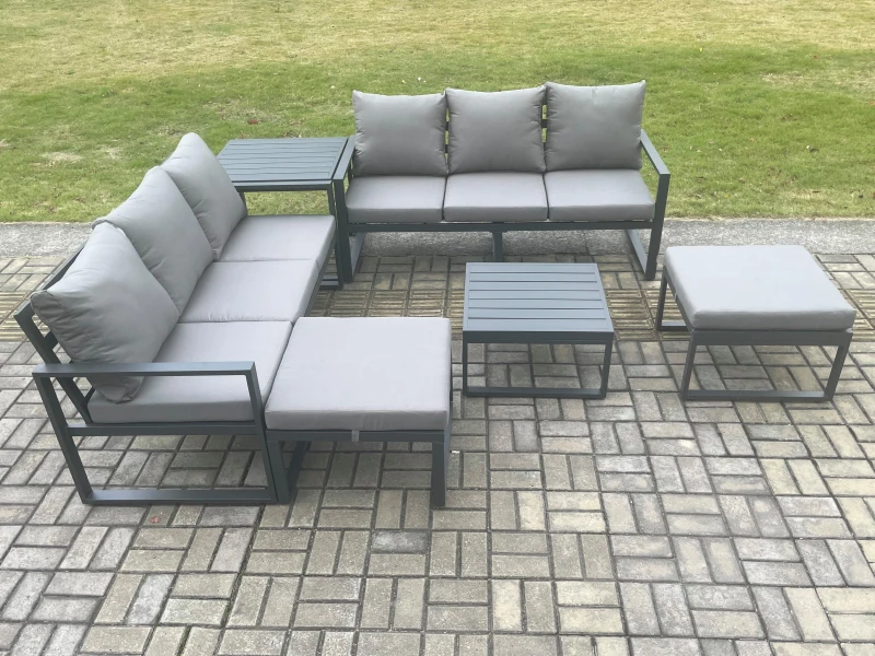 Image of Fimous Aluminium 6 Pieces Garden Furniture Sofa Set with Cushions 8 Seater Outdoor Patio Set with Square Coffee Table Side Table in Dark Grey Dark Gre