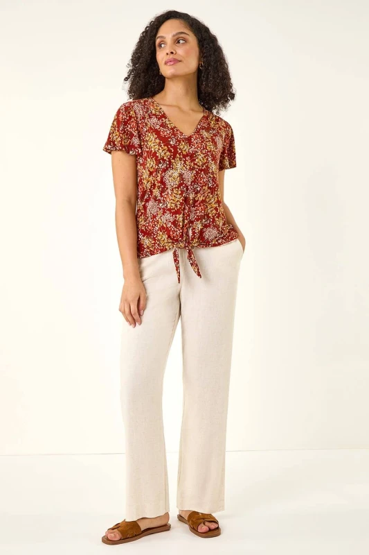 Image of Roman Womens Floral Tie Front Stretch Top in Red Size: 16 Red Female 16