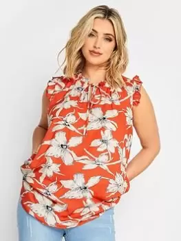 Image of Yours Yours Frill Tie Neck Top Large Orange Floral, Orange, Size 30-32, Women