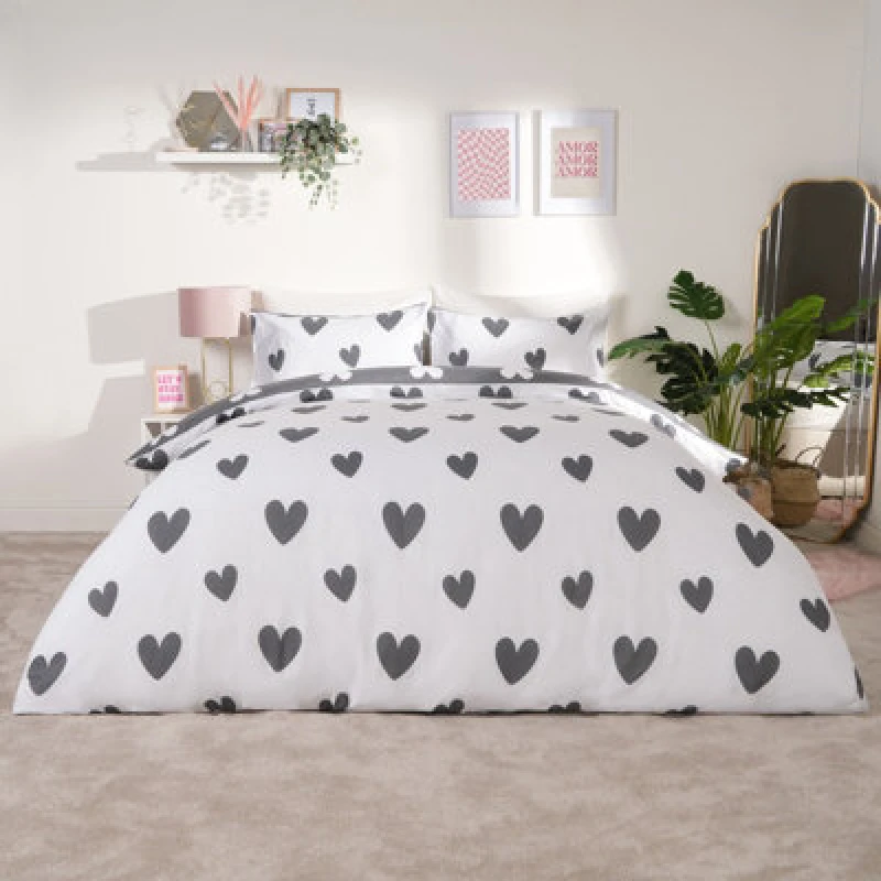 Image of OHS OHS Love Heart Decorative Printed Duvet Cover Set with Pillowcase in Charcoal Size: Double Charcoal Double Unisex 5027434161522