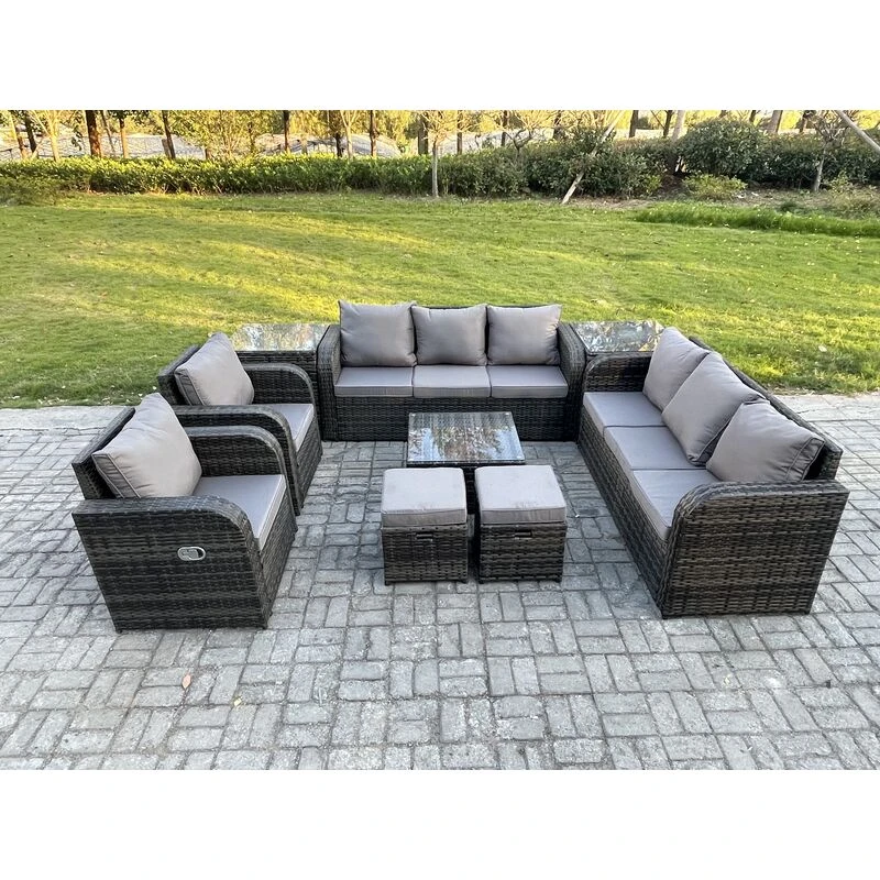 Image of Fimous High Back Rattan Garden Furniture Set with Square Coffee Table 2 Small Footstools 2 Side Tables Indoor Outdoor Patio Lounge Sofa Set Dark Grey
