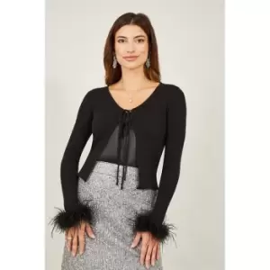 Image of Yumi Black Ribbed Bolero With Feather Cuffs - Black