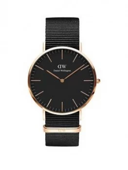 Image of Daniel Wellington Cornwall Black And Rose Gold Detail 40Mm Dial Black Nato Strap Watch