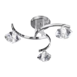 Image of Sculptured Ice 3 Light Semi Flush Multi Arm Ceiling Light Chrome and K9 Glass, G9