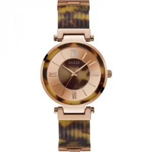 Image of GUESS Ladies rose watch with tortoiseshell trim and bangle bracelet.