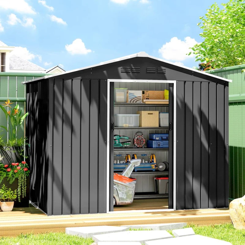 Image of Outsunny 8 x 6ft Garden Storage Shed with Double Door, Dark Grey 845-429V01CG