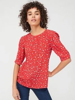 Image of Oasis Ditsy Heart Tuck Sleeve Top - Mid Red, Mid Red, Size 6, Women