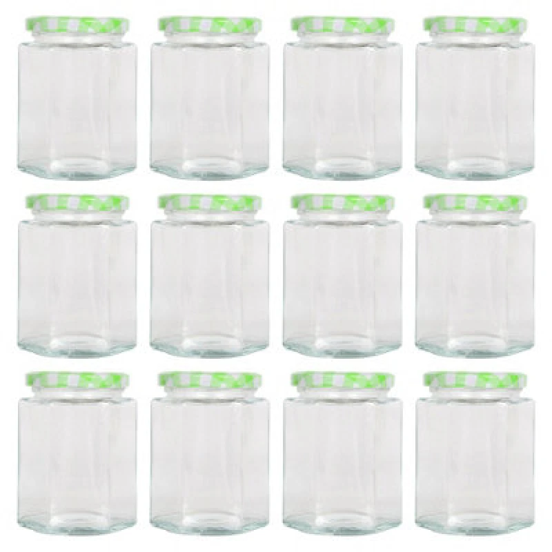 Image of Argon Tableware Hexagonal Glass Jam Jars With Green Gingham Lids - 250ml - Pack Of 12