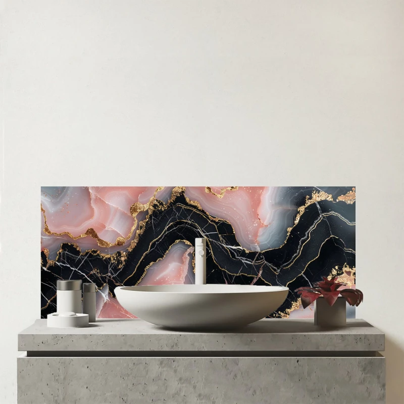 Image of Warren Reed - Designer Baby Pink & Black Marble Effect Glass Bathroom Splashback in Blue Blue Unisex