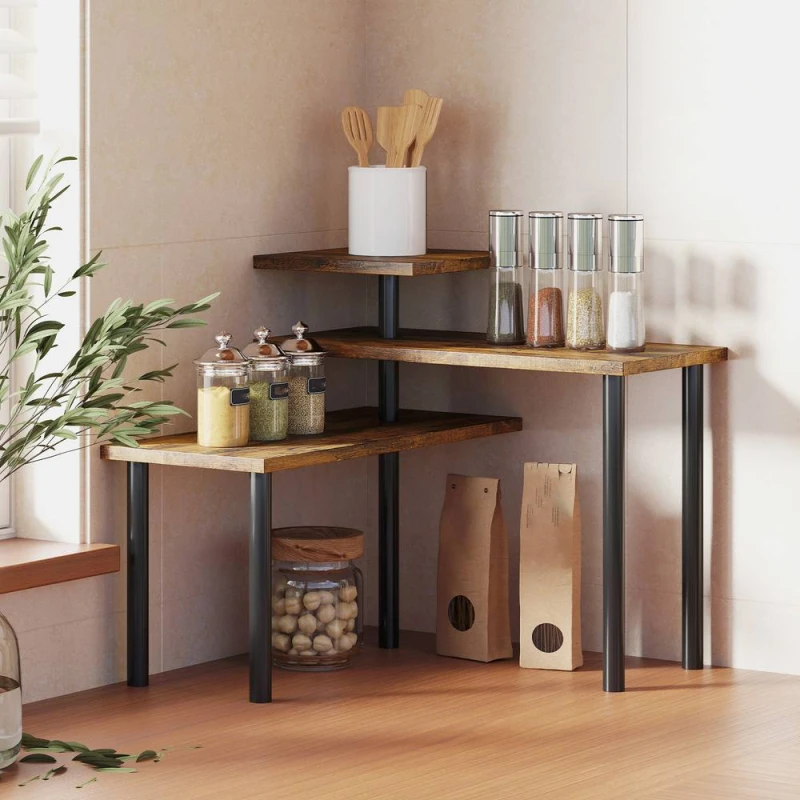 Image of HOMCOM 3-Tier Kitchen Countertop Organizer for Spice Rack, Rustic Brown Brown Unisex