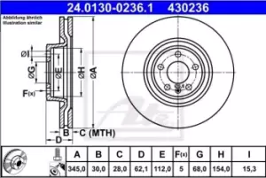 Image of ATE Brake disc AUDI 24.0130-0236.1 Brake rotor,Brake discs,Brake rotors