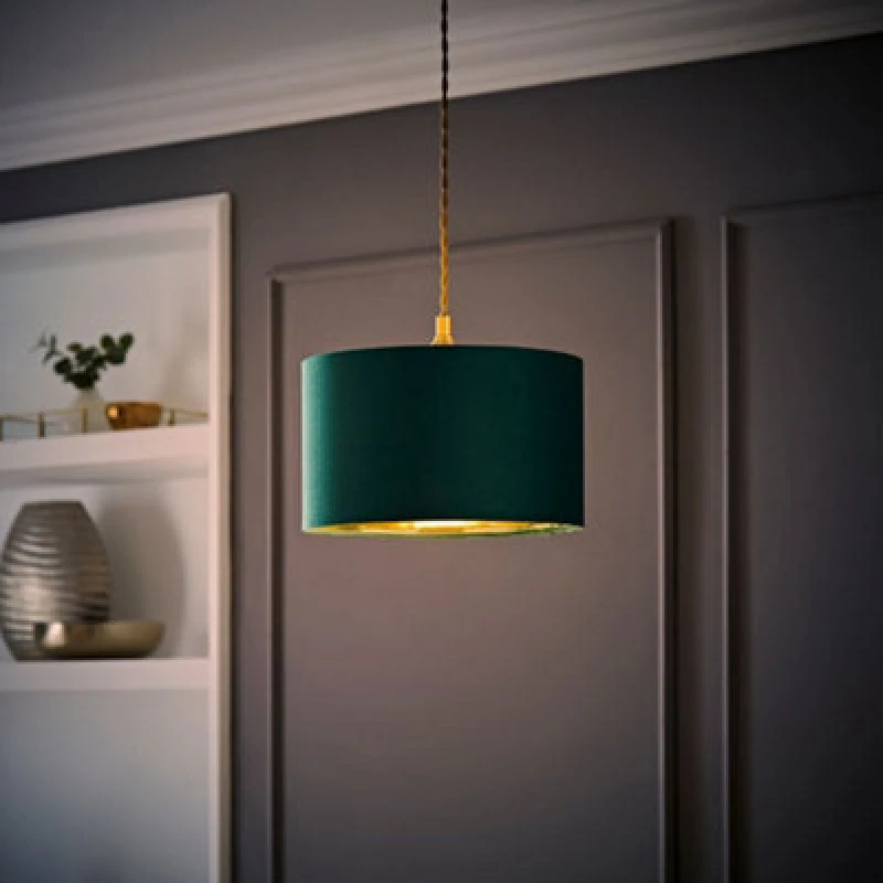 Image of ValueLights ValueLights Reni Green Velvet with Gold Inner Easy Fit Ceiling Lamp Shade and Bulb in Bottle Green Size: Small Bottle Green Small Unisex