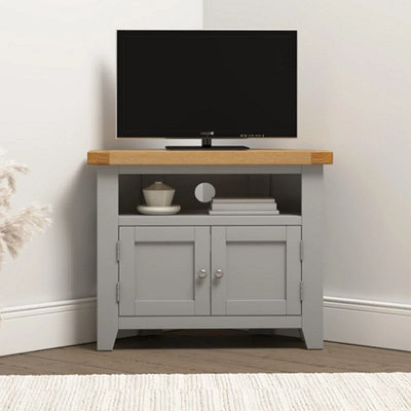Image of Seconique Windsor Corner TV Unit Pebble Grey With Oak Top Fully Assembled