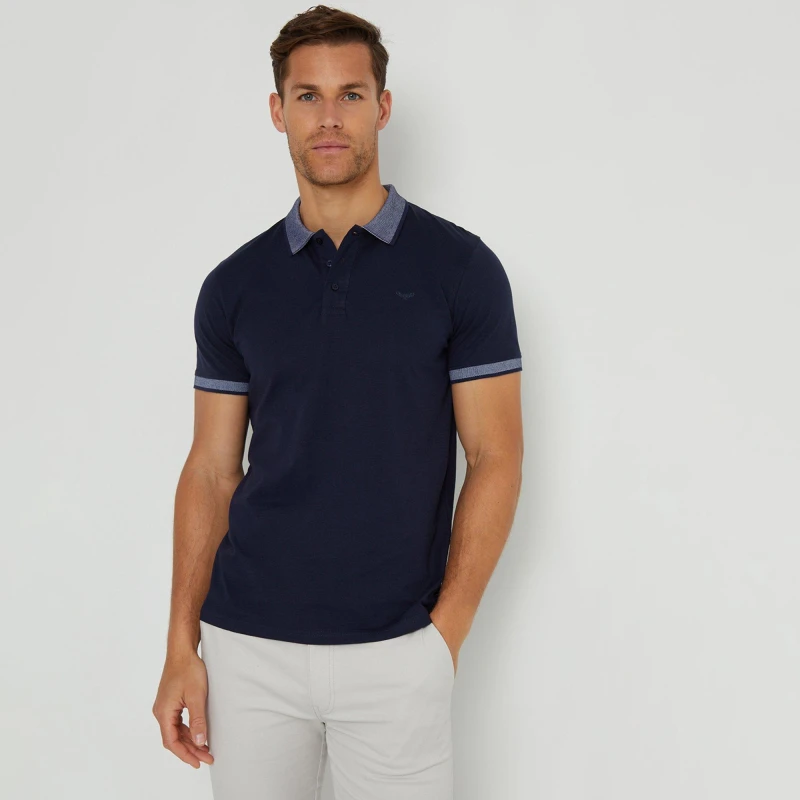 Image of Threadbare Birdseye Collar Cotton Jersey Polo Shirt Navy male L