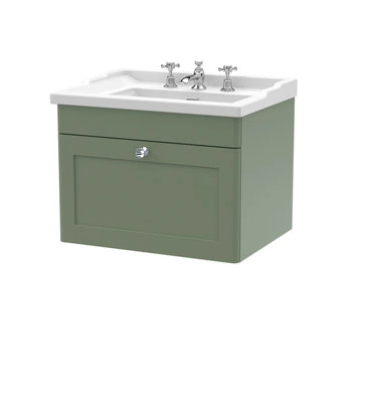 Image of NUIE Classique Wall Hung 1-Drawer Vanity Unit with Traditional Basin 600mm Wide Satin Green - 3 Tap Hole - Nuie CLC894G