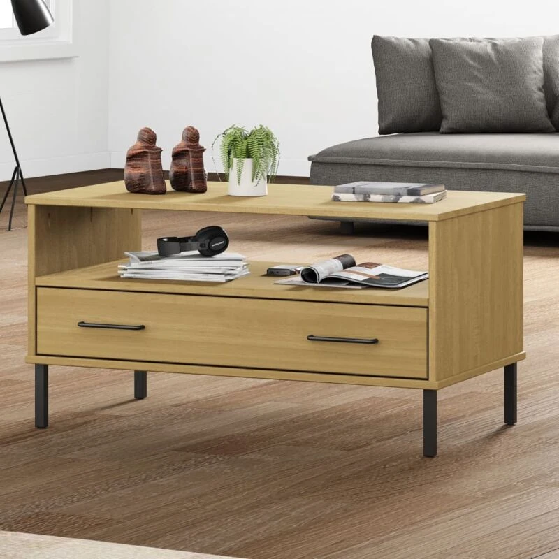 Image of Vidaxl Coffee Table With Metal Legs Brown 85X50X45Cm Solid Wood Oslo, Brown 351033