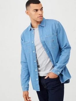 Image of Tommy Jeans Denim Long Sleeved Shirt - Blue, Mid Indigo, Size 2XL, Men