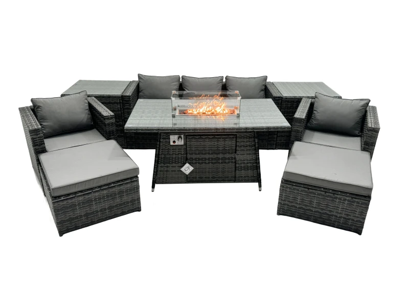 Image of Fimous Rattan Garden Furniture Firepit Dining Set 7 Seater Lounge Sofa Table Set with 2 Side table 2 big Footstool Dark Grey