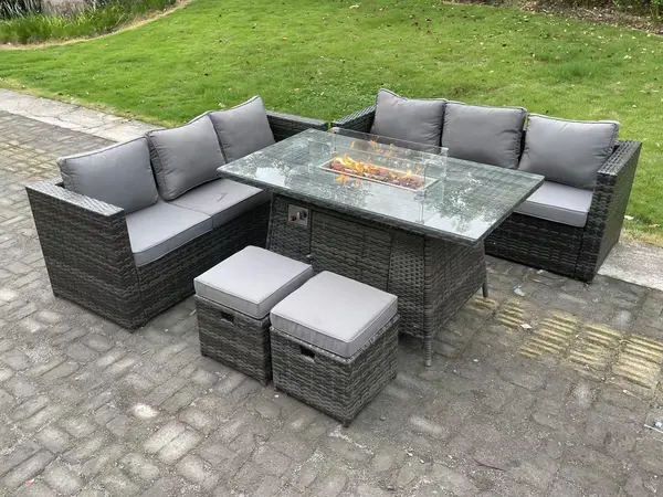 Image of Fimous 6 Seater Outdoor Dark Grey Rattan Lounge Complete Sofa Set with Gas Firepit Dining Table, Heater and 2 Stools