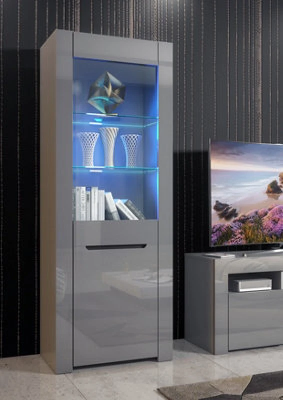 Image of Furneo High Gloss & Matt Grey Display Cabinet Cupboard Milano 09G Blue LED Lights