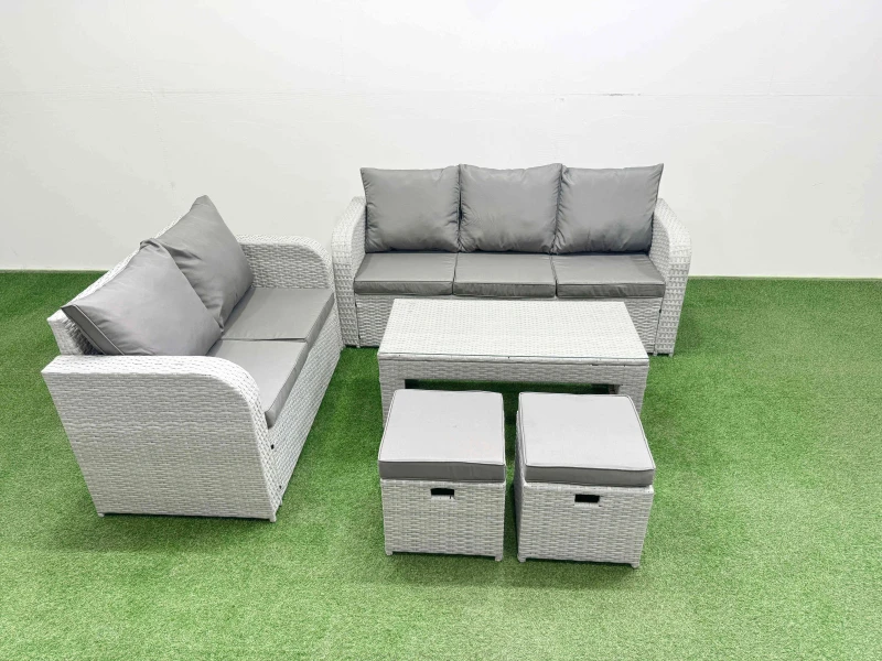 Image of Fimous 7 Seater PE Rattan Wicker Garden Furniture Patio Conservatory Sofa Set with Oblong Coffee Table 3 Seater Sofa Love Sofa 2 Stools Light Grey
