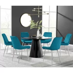 Image of Furniture Box Palma Black Semi Gloss Round Dining Table and 6 Blue Pesaro Silver Chairs