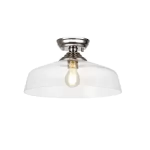 Image of Dresden Flush Ceiling Lamp E27 With Flat Round 38cm Glass Shade Polished Nickel, Clear