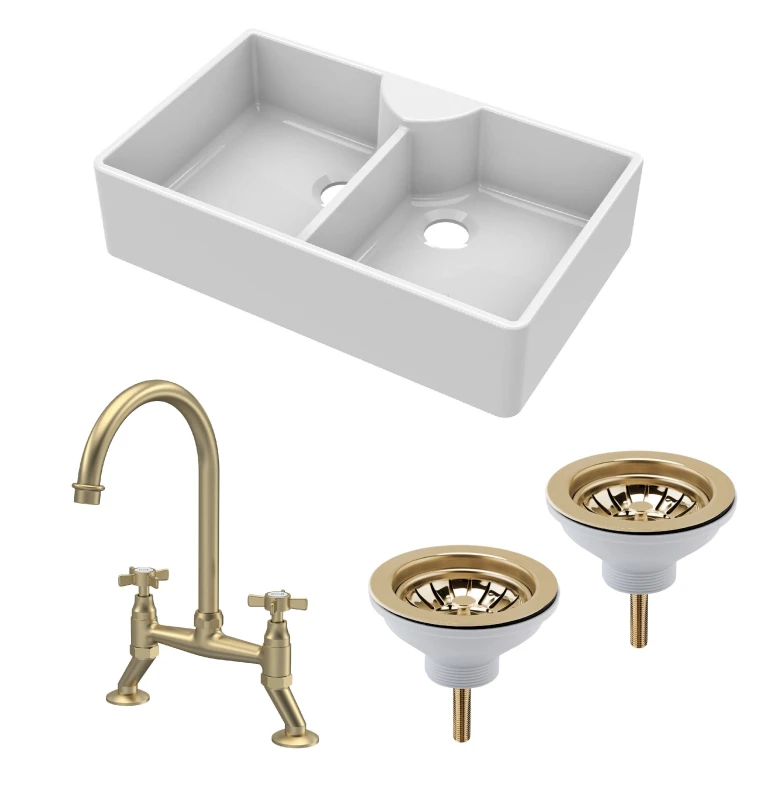 Image of Balterley Fireclay 2 Bowl Butler Sink 2 x Wastes Bridge Crosshead Tap 895mm Bronze