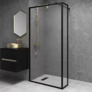 Image of Black 1000mm Fluted Glass Wet Room Shower Screen with Wall Support Bar & Return Panel - Volan