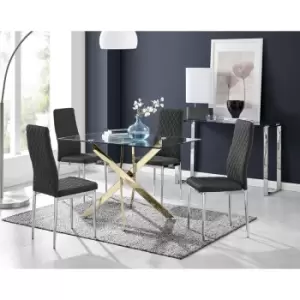 Image of Furniturebox Leonardo 120cm Modern Glass And Gold Metal Leg Dining Table And 4 Black Milan Faux Leather Silver Chrome Leg Dining Chairs
