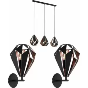 Image of 3 Bulb Ceiling Light & 2x Matching Wall Lights Black & Copper Geometric Shade