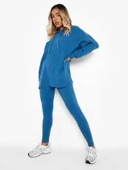 Image of Boohoo Soft Knit Hoodie Co-ord Set - Teal, Blue Size M Women