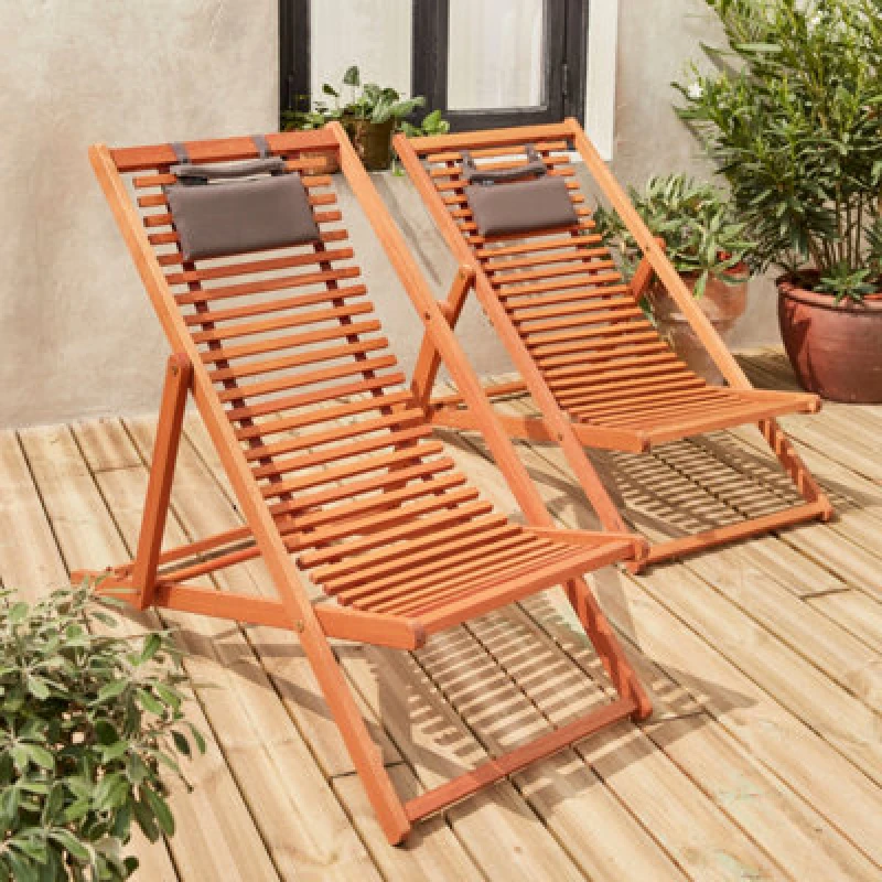 Image of sweeek Pair Of Slatted Wooden Deck Chairs Light Brown