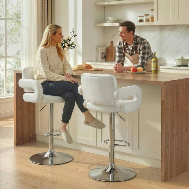 Image of HOMCOM Bar Stools Adjustable Swivel with Armrest Set of 2 White White Unisex
