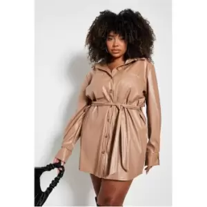 Image of I Saw It First Plus Size Faux Leather Belted Shirt Dress - Brown