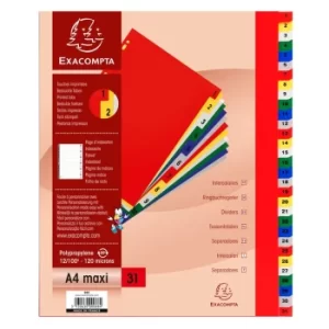 Image of Exacompta Indices PP A4+, 31 Part, 1-31, Coloured Tab, White, Pack of 20