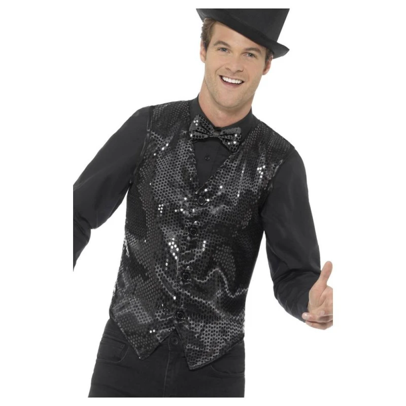 Image of Smiffys Mens Sequin Costume Vest in Black Size: Small Black Male S