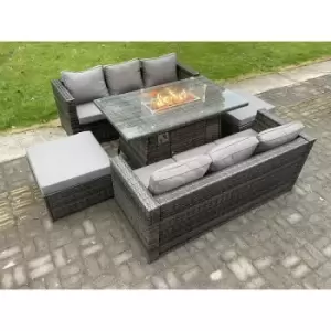 Image of Fimous 6 Seater Outdoor Dark Grey Rattan Lounge Complete Sofa Set with Gas Fire Pit and 2 Big Footstools