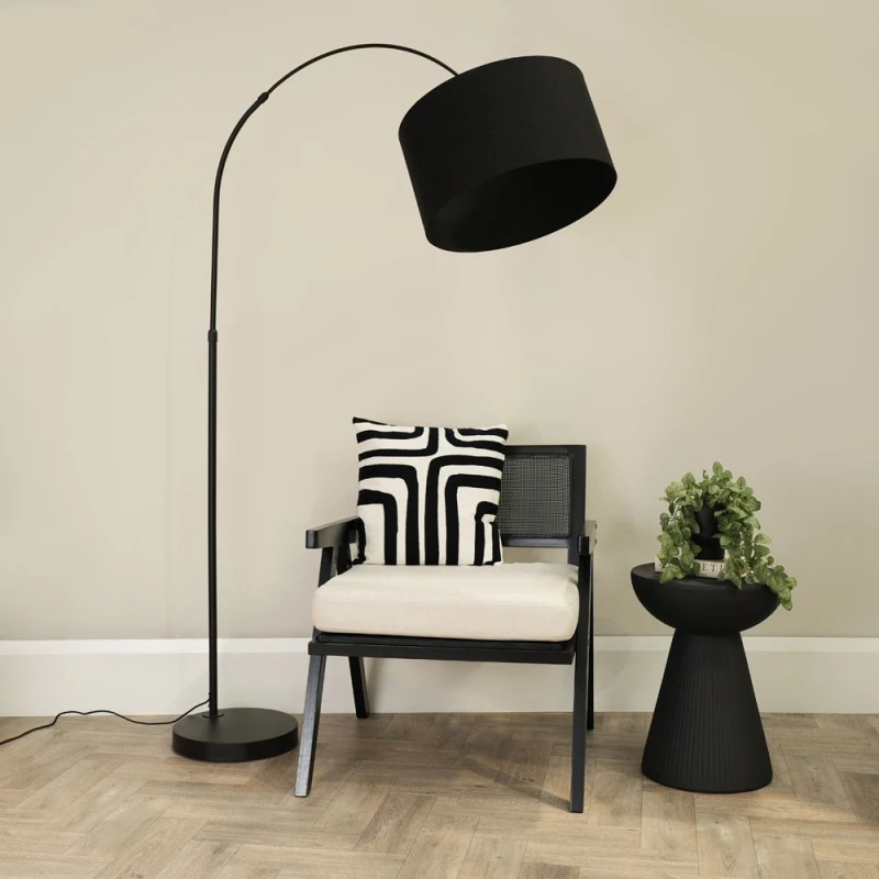 Image of ValueLights Louis Black Arched Curved Floor Lamp with Fabric Drum Lamp Shade Black