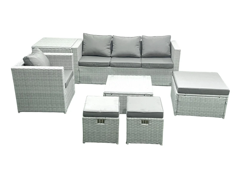 Image of Fimous Garden Outdoor Furniture Set 7 Seater Rattan Sofa Set with 3 Footstools Armchair Side Table Light Grey Mixed Light Grey