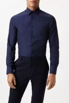 Image of Navy Long Sleeve Slim Fit Tonal Spot Collar Shirt