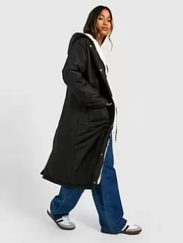 Image of Boohoo Teddy Faux Fur Hood Lined Parka Coat - Black, Size 8, Women