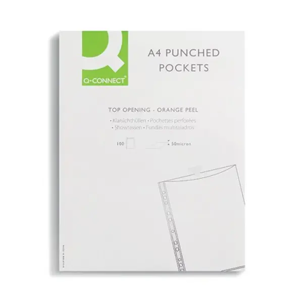 Image of Q-Connect Q-Connect Punched Pockets Polypropylene 50 Micron A4 Embossed (Pack of 100) KF24001 KF24001